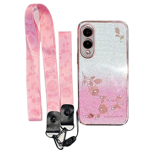 KADEM For Samsung Galaxy S25 Edge Case Flower Pattern TPU Gradient Phone Cover with Lanyards - Rose Gold - 1