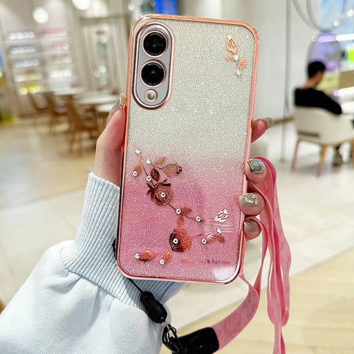 KADEM For Samsung Galaxy S25 Edge Case Flower Pattern TPU Gradient Phone Cover with Lanyards - Rose Gold - 2