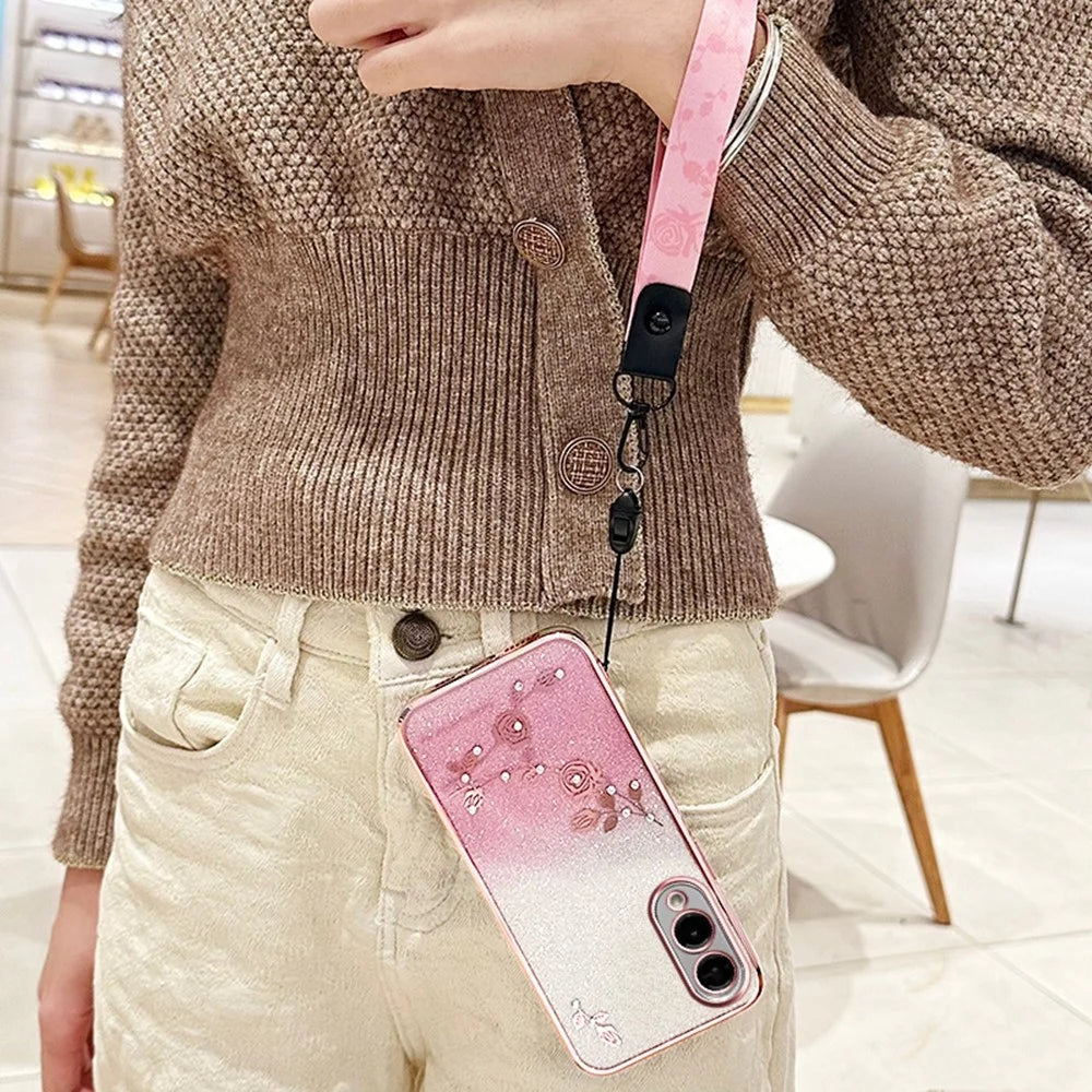 KADEM For Samsung Galaxy S25 Edge Case Flower Pattern TPU Gradient Phone Cover with Lanyards - Rose Gold - 3