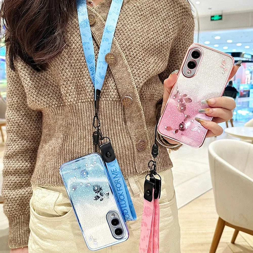 KADEM For Samsung Galaxy S25 Edge Case Flower Pattern TPU Gradient Phone Cover with Lanyards - Rose Gold - 4