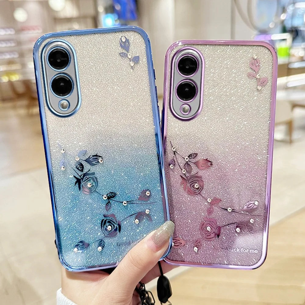 KADEM For Samsung Galaxy S25 Edge Case Flower Pattern TPU Gradient Phone Cover with Lanyards - Rose Gold - 5