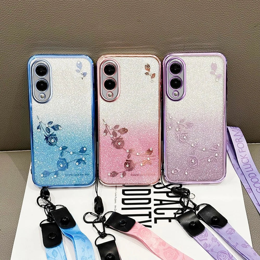 KADEM For Samsung Galaxy S25 Edge Case Flower Pattern TPU Gradient Phone Cover with Lanyards - Rose Gold - 6