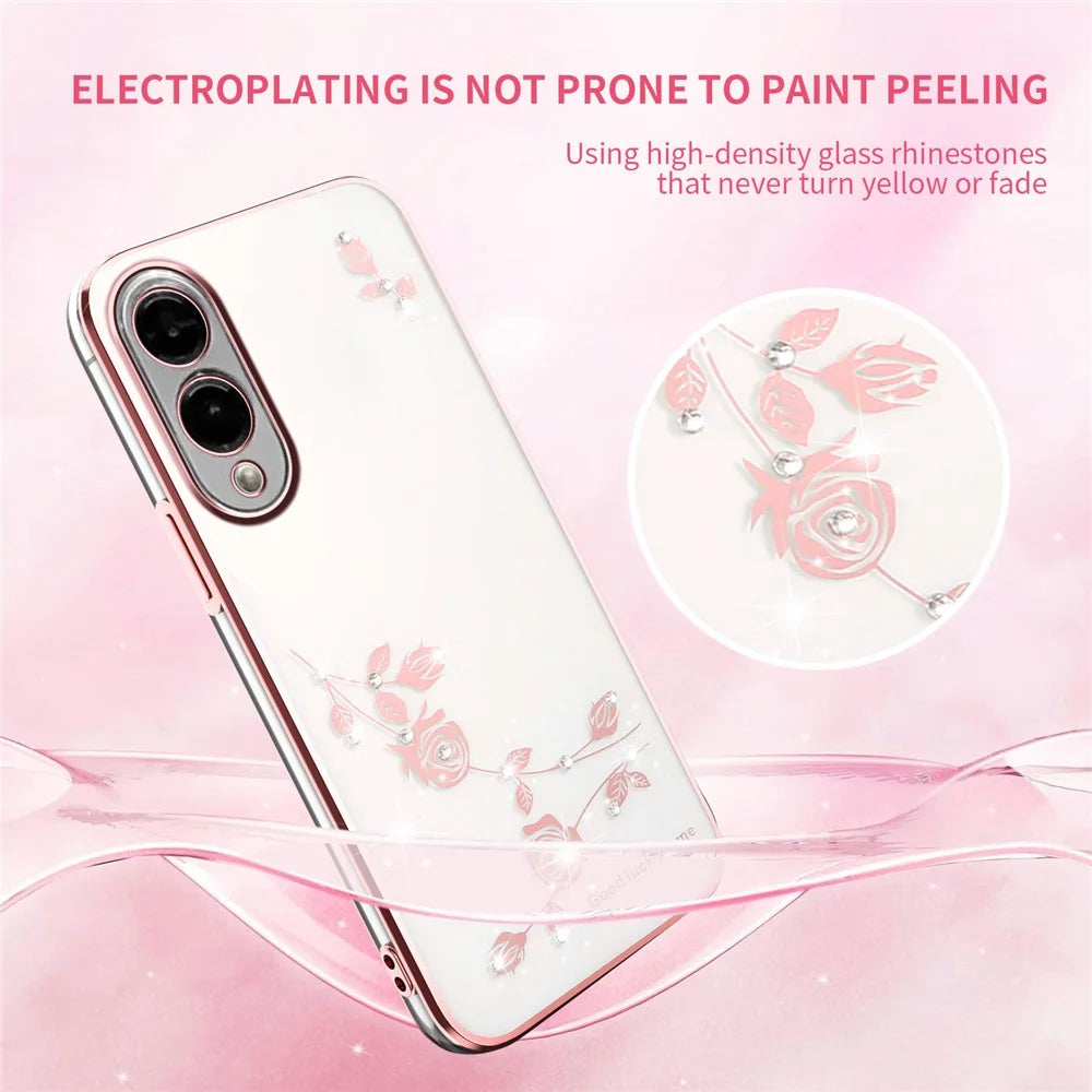 KADEM For Samsung Galaxy S25 Edge Case Flower Rhinestone Decor Electroplating TPU Phone Cover - Rose Gold - 3