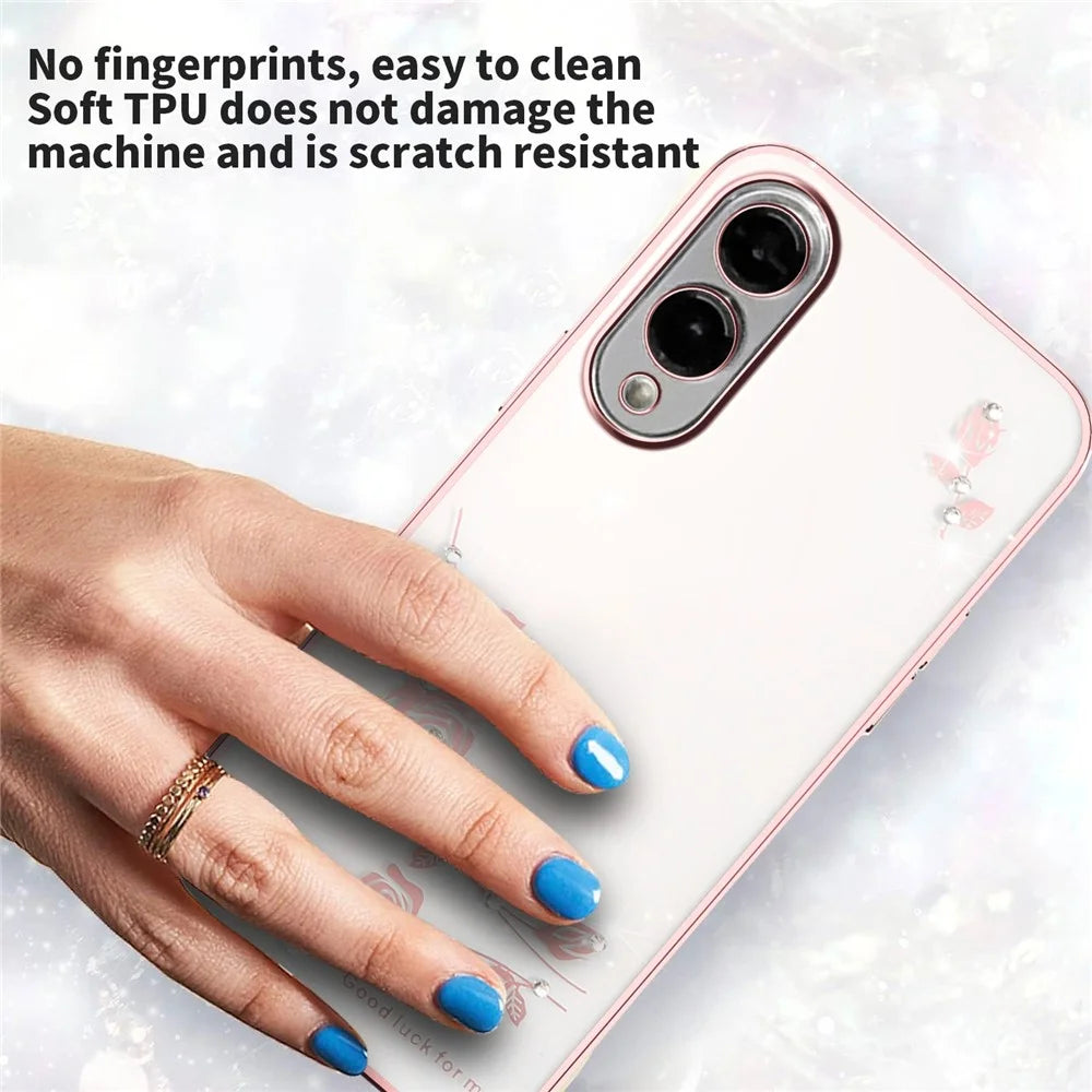 KADEM For Samsung Galaxy S25 Edge Case Flower Rhinestone Decor Electroplating TPU Phone Cover - Rose Gold - 6