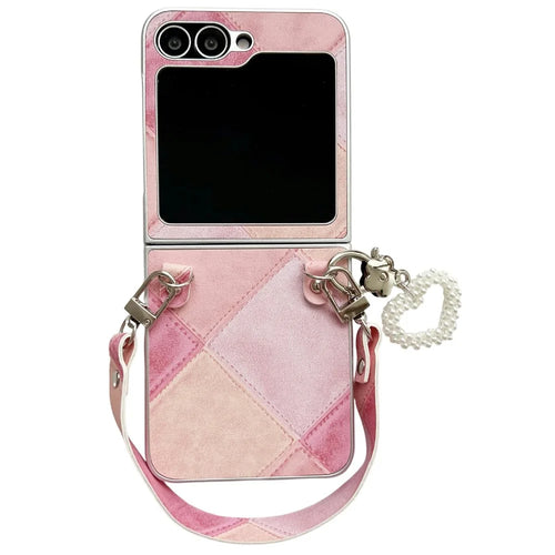 For Samsung Galaxy Z Flip7 FE 5G / Z Flip6 5G Case Retro Rhombus PU + PC Phone Cover with Love Pendant and Strap - Pink - 1