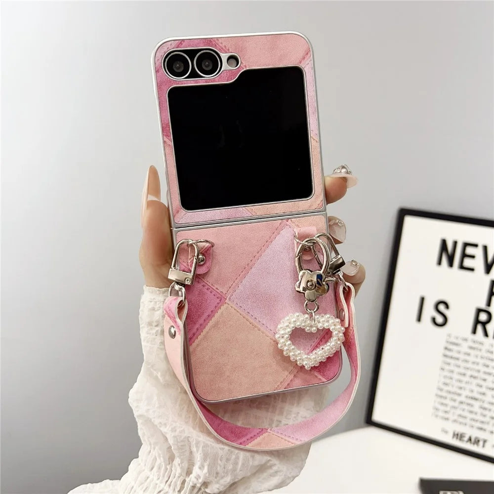 For Samsung Galaxy Z Flip7 FE 5G / Z Flip6 5G Case Retro Rhombus PU + PC Phone Cover with Love Pendant and Strap - Pink - 2
