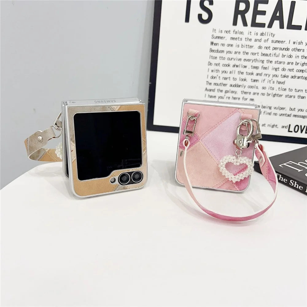 For Samsung Galaxy Z Flip7 FE 5G / Z Flip6 5G Case Retro Rhombus PU + PC Phone Cover with Love Pendant and Strap - Pink - 3