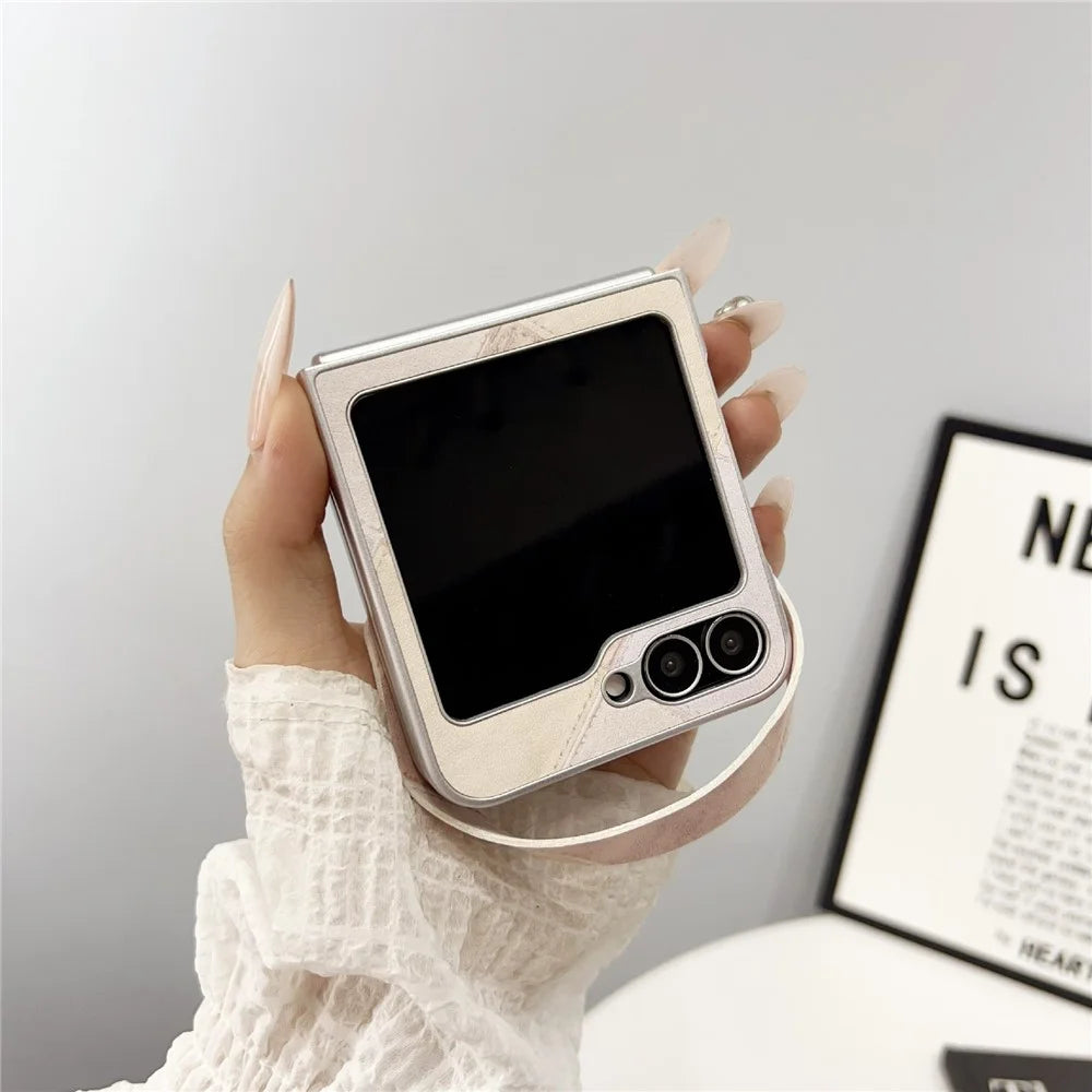For Samsung Galaxy Z Flip7 FE 5G / Z Flip6 5G Case Retro Rhombus PU + PC Phone Cover with Love Pendant and Strap - Pink - 4