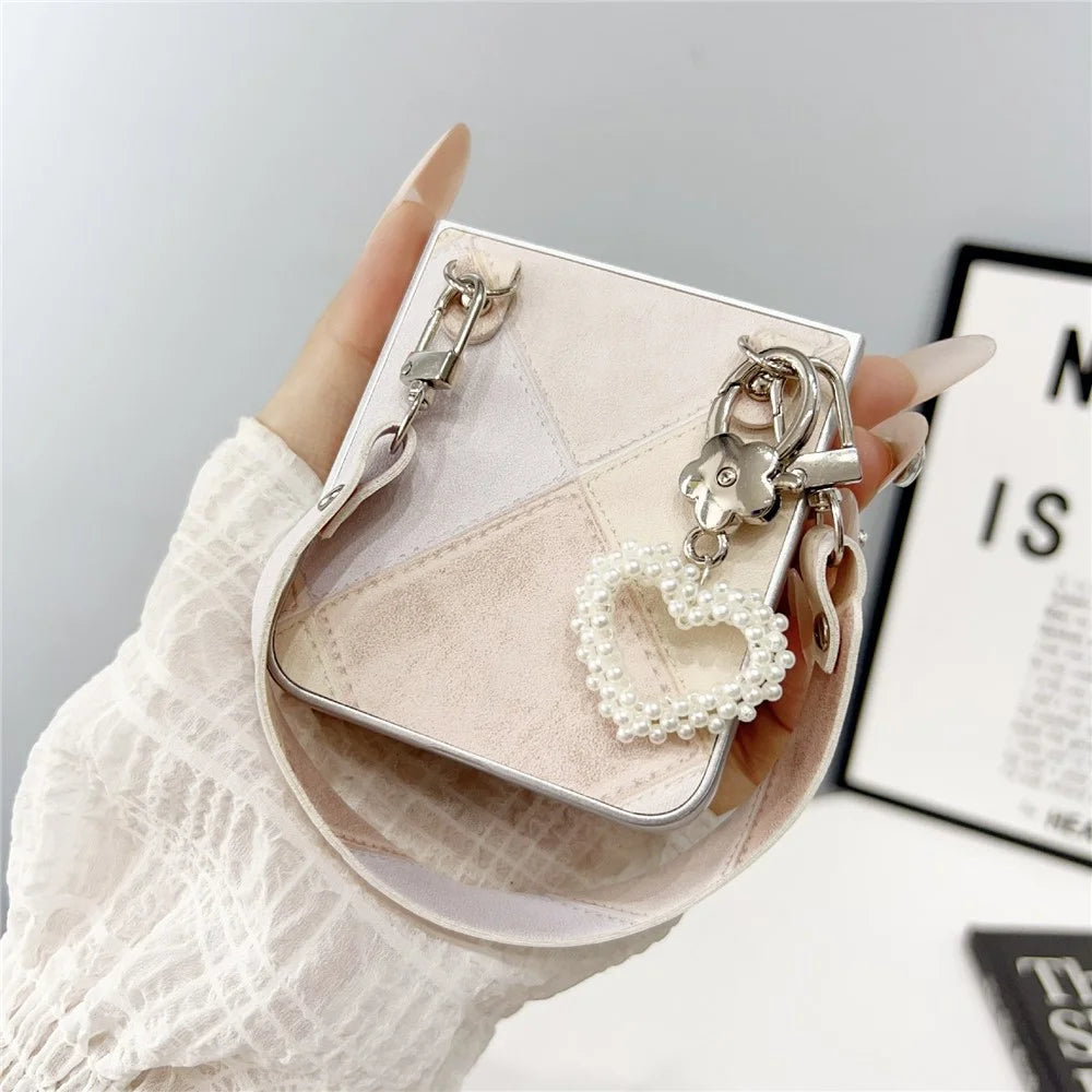 For Samsung Galaxy Z Flip7 FE 5G / Z Flip6 5G Case Retro Rhombus PU + PC Phone Cover with Love Pendant and Strap - Pink - 7