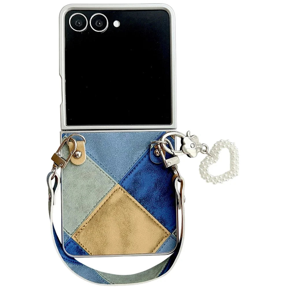 For Samsung Galaxy Z Flip7 5G Case Retro Rhombus PU + PC Phone Cover with Love Pendant and Strap - Blue  /  Yellow - 1