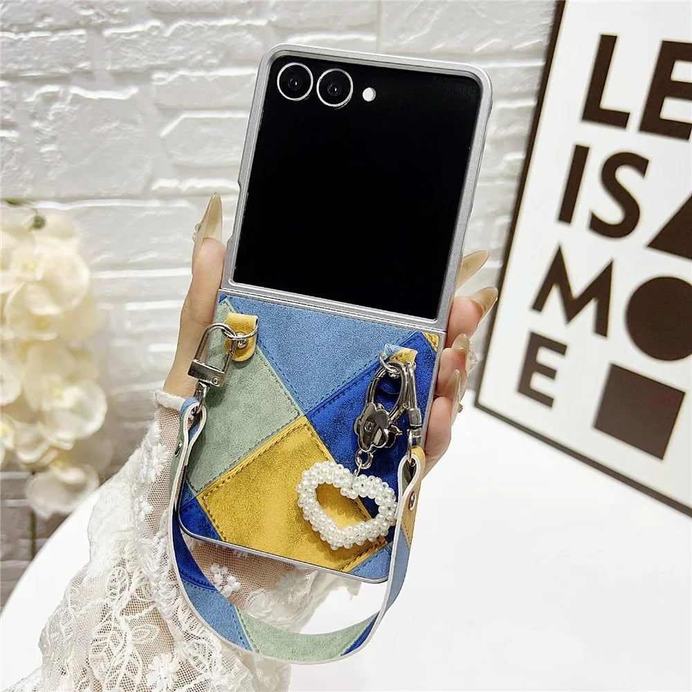 For Samsung Galaxy Z Flip7 5G Case Retro Rhombus PU + PC Phone Cover with Love Pendant and Strap - Blue  /  Yellow - 2