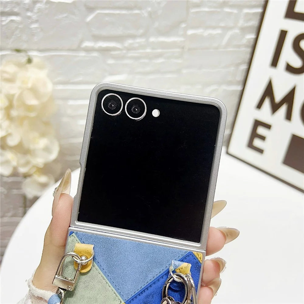 For Samsung Galaxy Z Flip7 5G Case Retro Rhombus PU + PC Phone Cover with Love Pendant and Strap - Blue  /  Yellow - 4