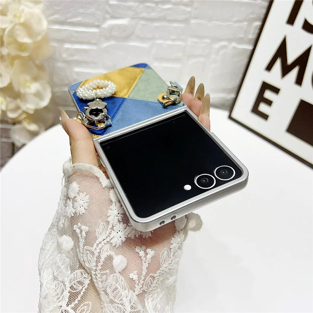 For Samsung Galaxy Z Flip7 5G Case Retro Rhombus PU + PC Phone Cover with Love Pendant and Strap - Blue  /  Yellow - 5
