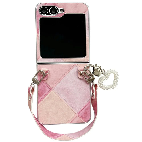 For Samsung Galaxy Z Flip5 5G Case Retro Rhombus PU + PC Phone Cover with Love Pendant and Strap - Pink - 1