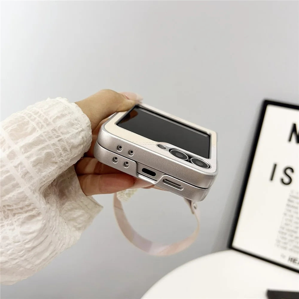 For Samsung Galaxy Z Flip5 5G Case Retro Rhombus PU + PC Phone Cover with Love Pendant and Strap - Pink - 6