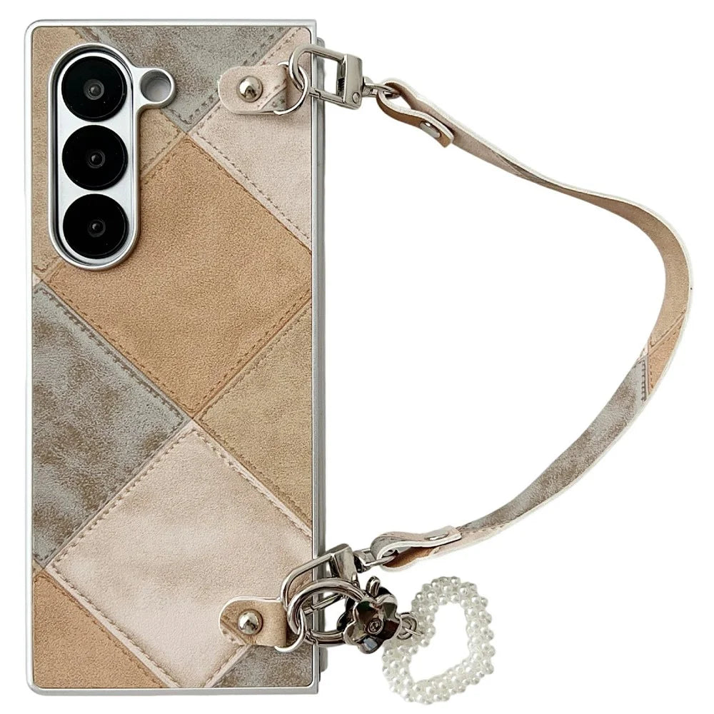 For Samsung Galaxy Z Fold6 5G Case Retro Rhombus PU + PC Phone Cover with Love Pendant and Strap - Khaki - 1