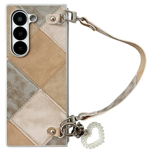 For Samsung Galaxy Z Fold6 5G Case Retro Rhombus PU + PC Phone Cover with Love Pendant and Strap - Khaki - 1