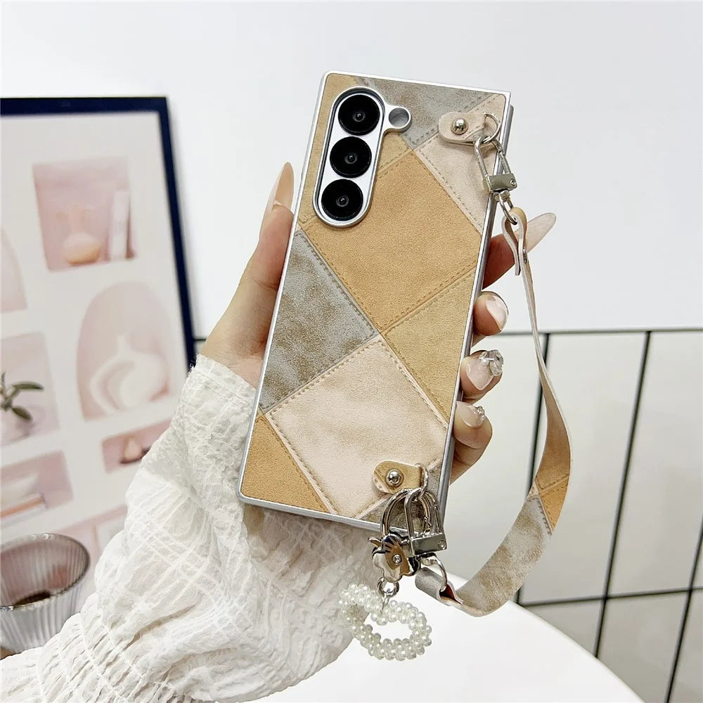 For Samsung Galaxy Z Fold6 5G Case Retro Rhombus PU + PC Phone Cover with Love Pendant and Strap - Khaki - 2