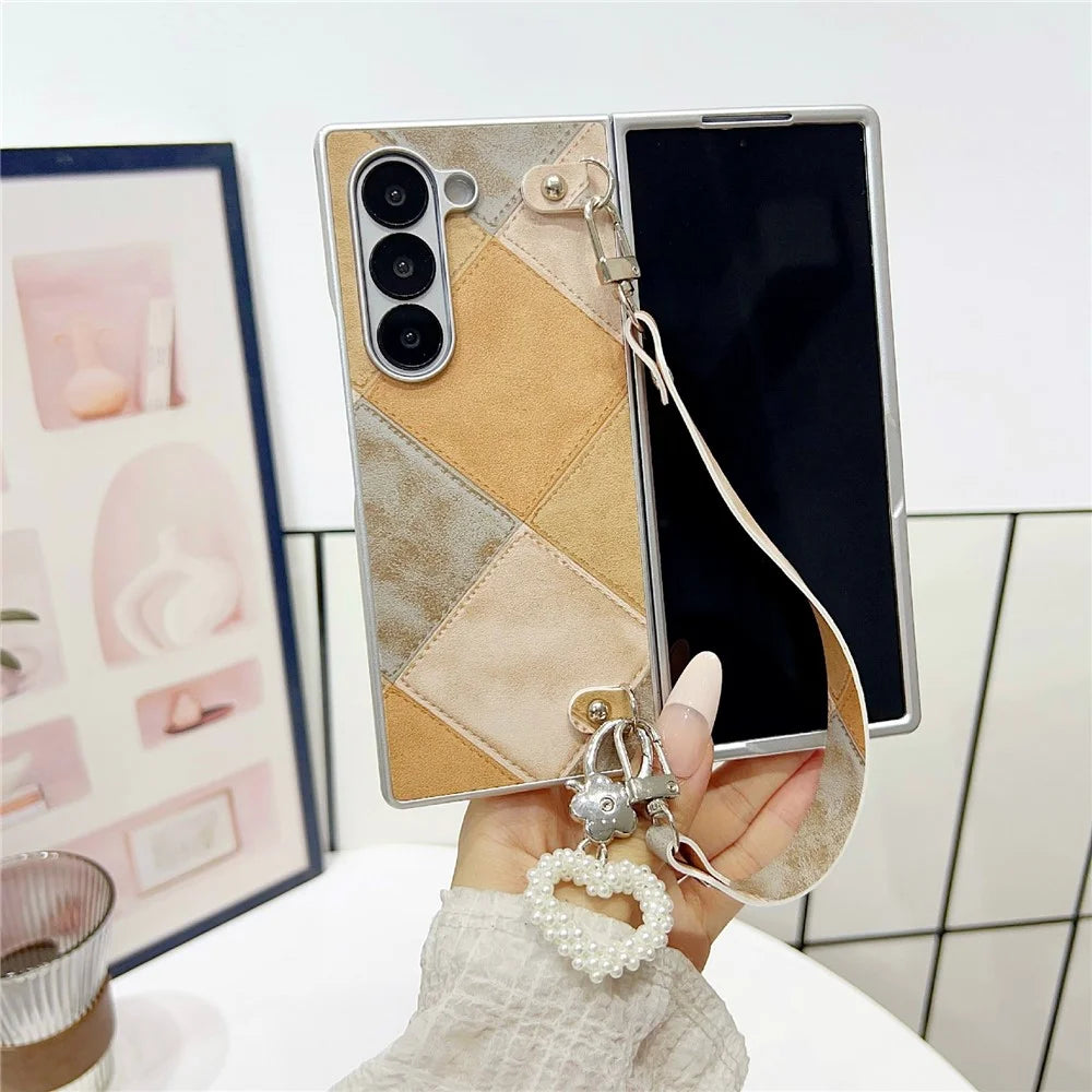 For Samsung Galaxy Z Fold6 5G Case Retro Rhombus PU + PC Phone Cover with Love Pendant and Strap - Khaki - 3