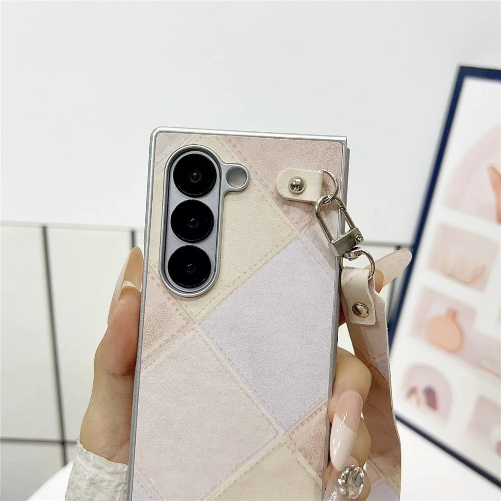 For Samsung Galaxy Z Fold6 5G Case Retro Rhombus PU + PC Phone Cover with Love Pendant and Strap - Khaki - 4