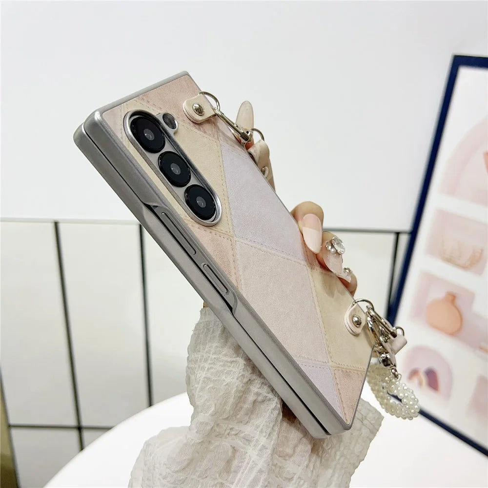 For Samsung Galaxy Z Fold6 5G Case Retro Rhombus PU + PC Phone Cover with Love Pendant and Strap - Khaki - 5