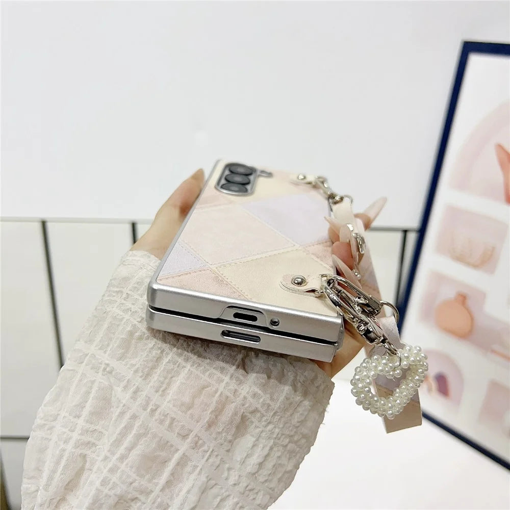 For Samsung Galaxy Z Fold6 5G Case Retro Rhombus PU + PC Phone Cover with Love Pendant and Strap - Khaki - 6