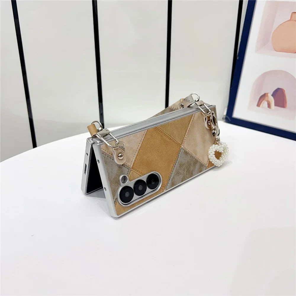 For Samsung Galaxy Z Fold6 5G Case Retro Rhombus PU + PC Phone Cover with Love Pendant and Strap - Khaki - 7