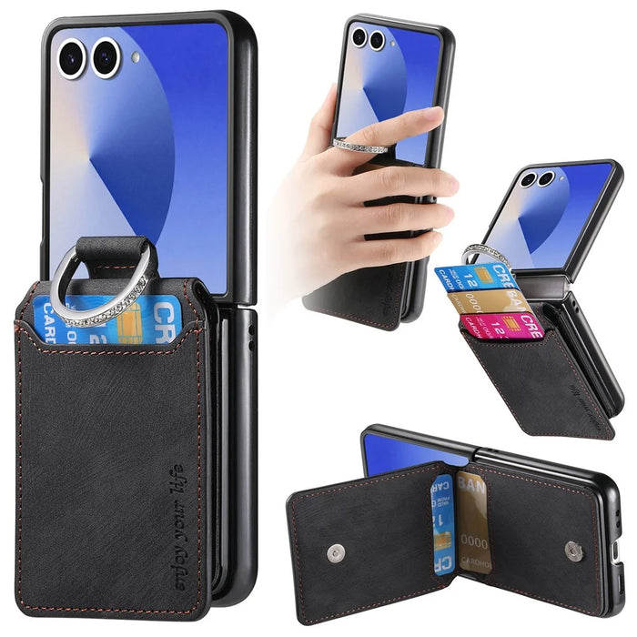For Samsung Galaxy Z Flip7 5G Case Card Holder Kickstand Retro Texture Leather Back Cover - Black - 1