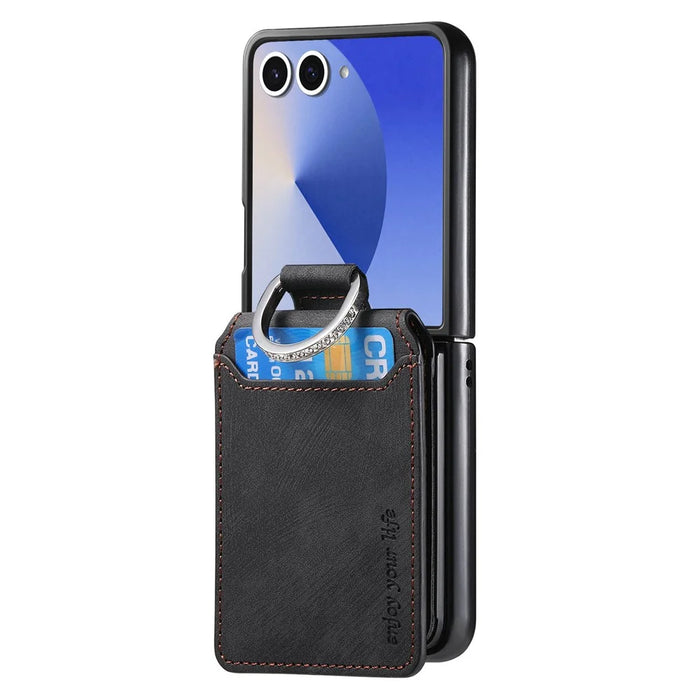For Samsung Galaxy Z Flip7 5G Case Card Holder Kickstand Retro Texture Leather Back Cover - Black - 2
