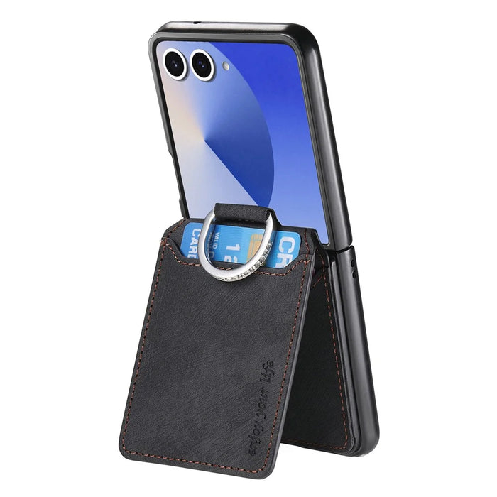 For Samsung Galaxy Z Flip7 5G Case Card Holder Kickstand Retro Texture Leather Back Cover - Black - 4