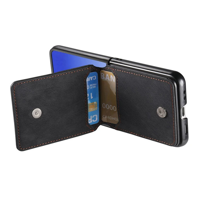 For Samsung Galaxy Z Flip7 5G Case Card Holder Kickstand Retro Texture Leather Back Cover - Black - 6