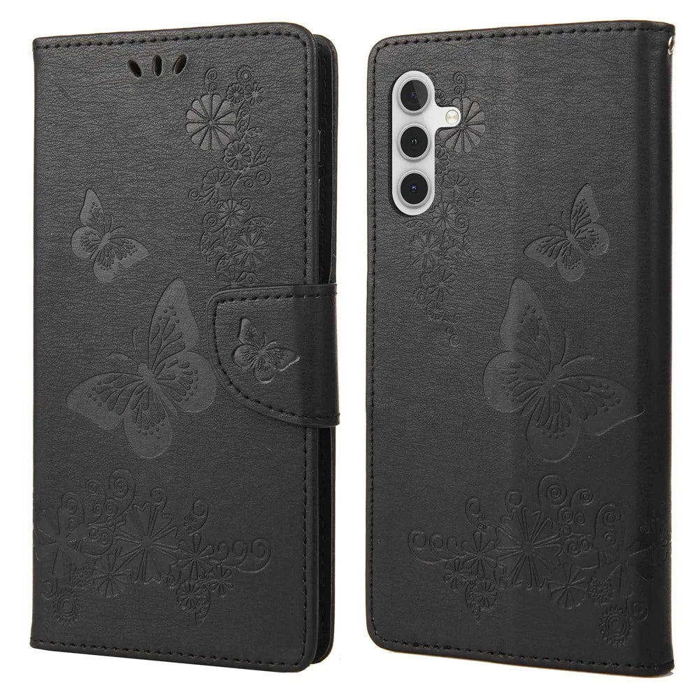 PU Leather Protective Case for Samsung Galaxy A14 5G / A14 4G Butterflies Flower Imprinting Flip Stand Wallet Phone Cover - Black - 1