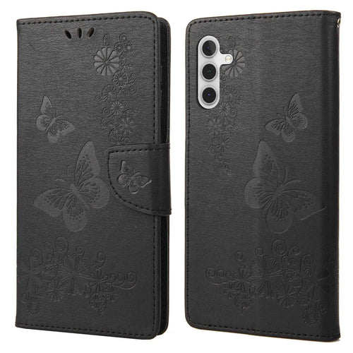 PU Leather Protective Case for Samsung Galaxy A14 5G / A14 4G Butterflies Flower Imprinting Flip Stand Wallet Phone Cover - Black - 1