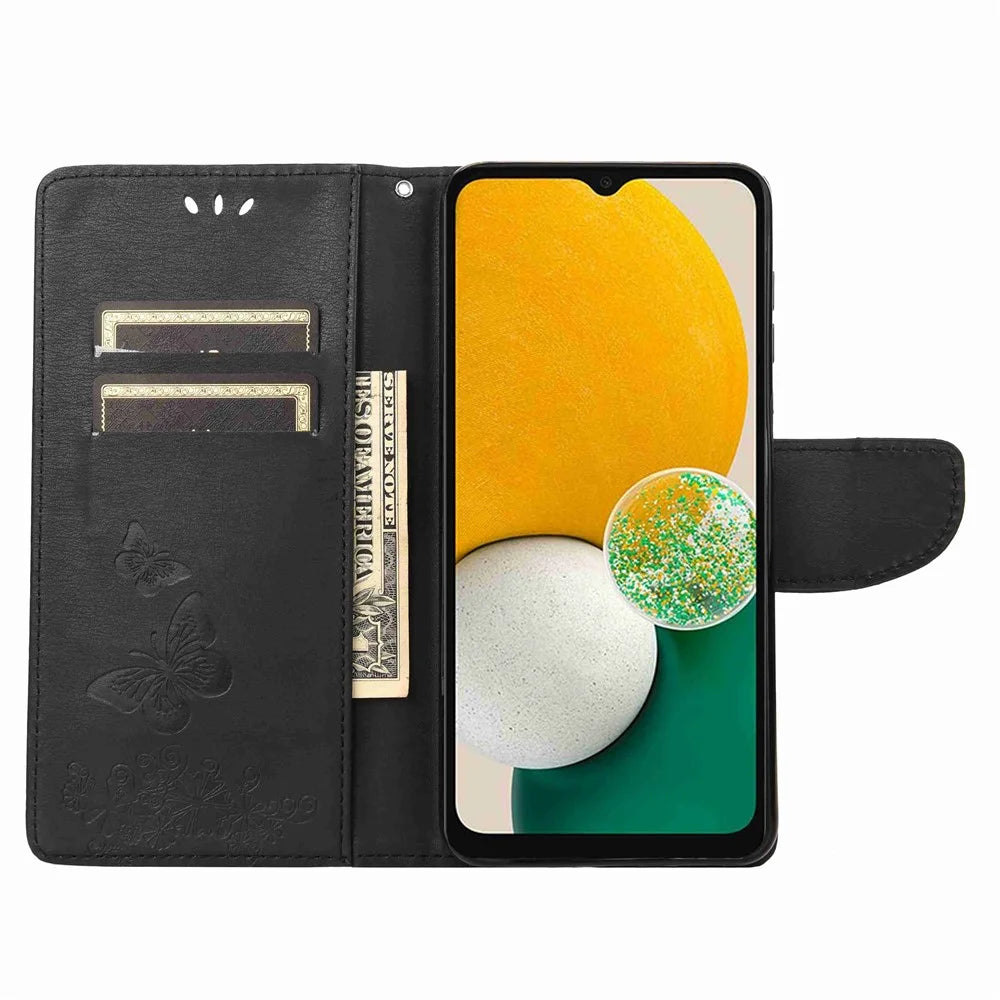 PU Leather Protective Case for Samsung Galaxy A14 5G / A14 4G Butterflies Flower Imprinting Flip Stand Wallet Phone Cover - Black - 2