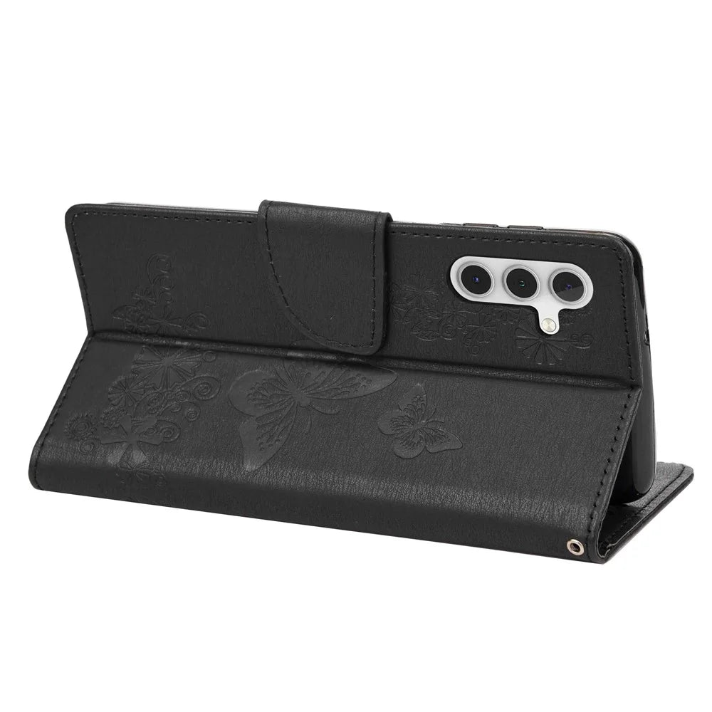 PU Leather Protective Case for Samsung Galaxy A14 5G / A14 4G Butterflies Flower Imprinting Flip Stand Wallet Phone Cover - Black - 4