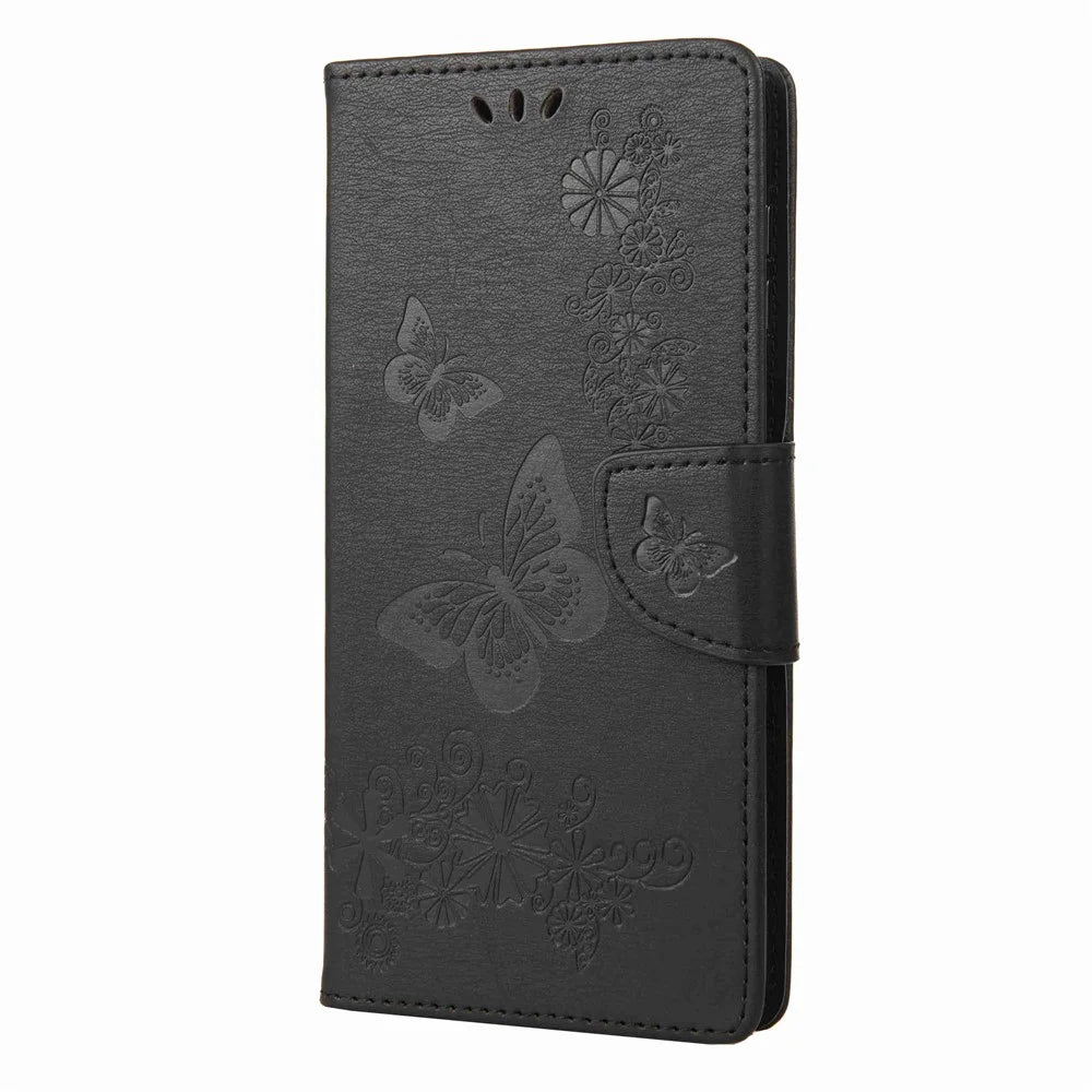 PU Leather Protective Case for Samsung Galaxy A14 5G / A14 4G Butterflies Flower Imprinting Flip Stand Wallet Phone Cover - Black - 5