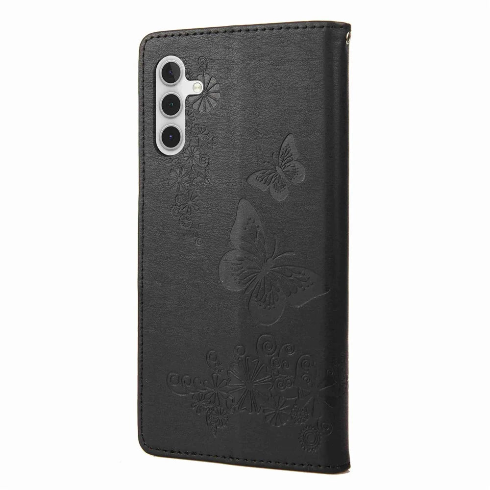 PU Leather Protective Case for Samsung Galaxy A14 5G / A14 4G Butterflies Flower Imprinting Flip Stand Wallet Phone Cover - Black - 6