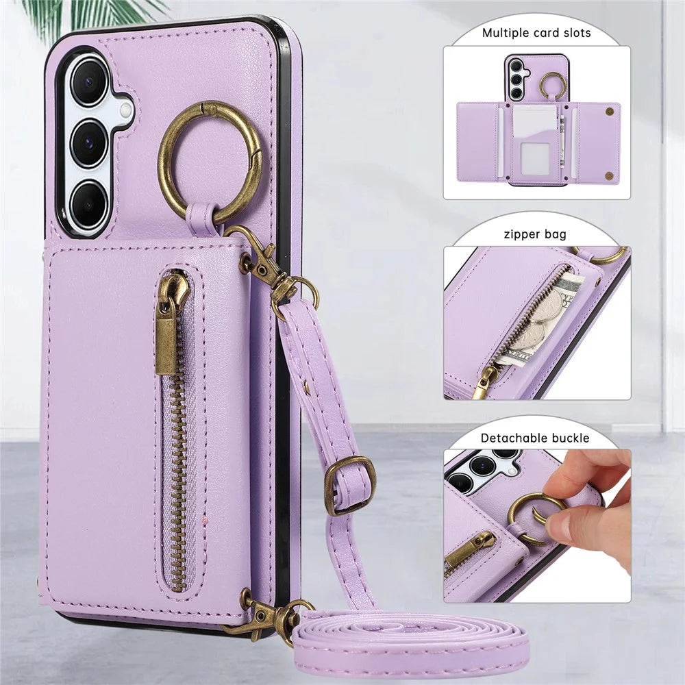 For Samsung Galaxy S25+  /  S24+ Leather Back Cover Zipper Wallet Kickstand Phone Case with Shoulder Strap - Purple - 6