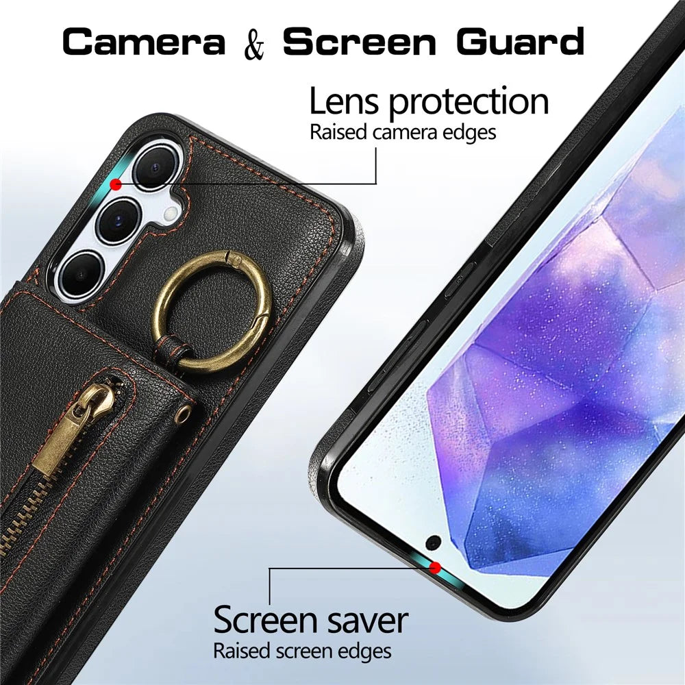 For Samsung Galaxy S25  /  S24 Leather Back Cover Zipper Wallet Kickstand Phone Case with Shoulder Strap - Black - 5