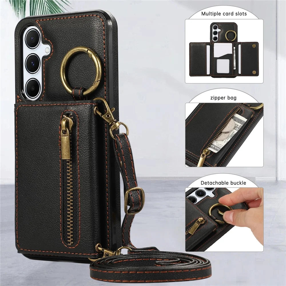 For Samsung Galaxy S25  /  S24 Leather Back Cover Zipper Wallet Kickstand Phone Case with Shoulder Strap - Black - 6