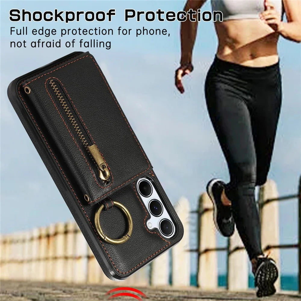 For Samsung Galaxy S25  /  S24 Leather Back Cover Zipper Wallet Kickstand Phone Case with Shoulder Strap - Black - 7