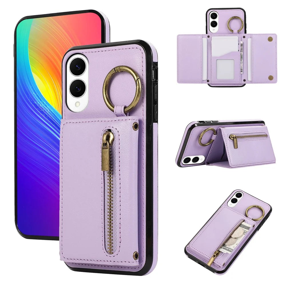 For Samsung Galaxy S25 Edge Leather Back Cover Zipper Wallet Kickstand Phone Case with Shoulder Strap - Purple - 1