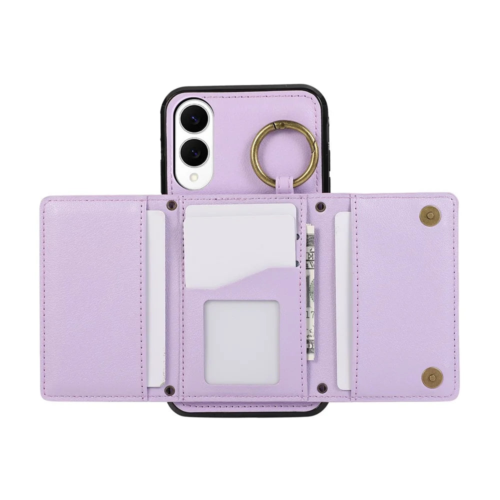 For Samsung Galaxy S25 Edge Leather Back Cover Zipper Wallet Kickstand Phone Case with Shoulder Strap - Purple - 2