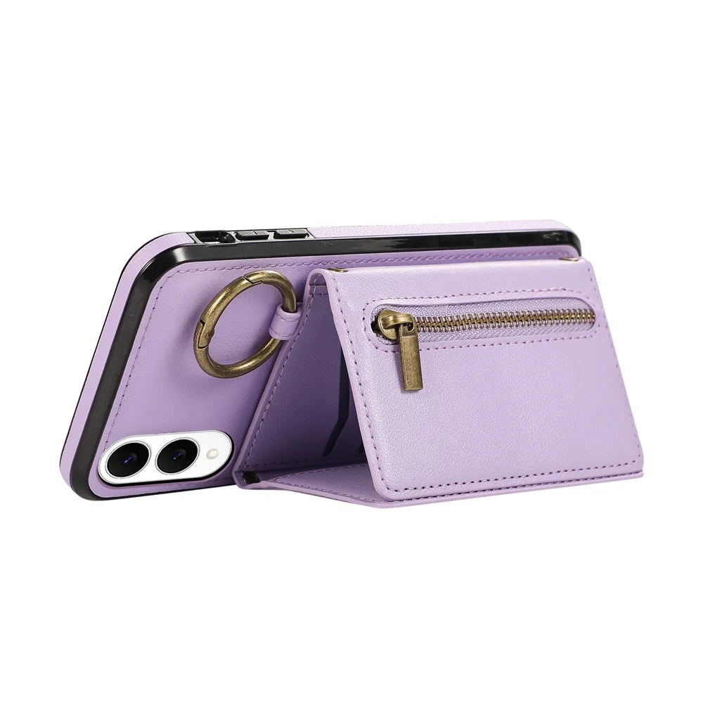 For Samsung Galaxy S25 Edge Leather Back Cover Zipper Wallet Kickstand Phone Case with Shoulder Strap - Purple - 3