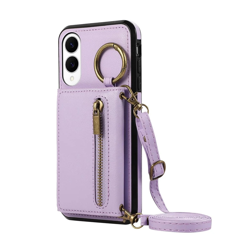 For Samsung Galaxy S25 Edge Leather Back Cover Zipper Wallet Kickstand Phone Case with Shoulder Strap - Purple - 5