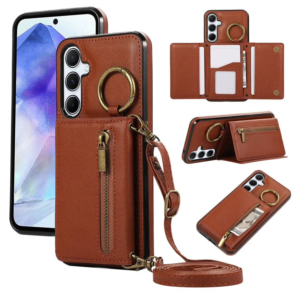 For Samsung Galaxy A16 4G Leather Back Cover Zipper Wallet Kickstand Phone Case with Shoulder Strap - Brown - 1