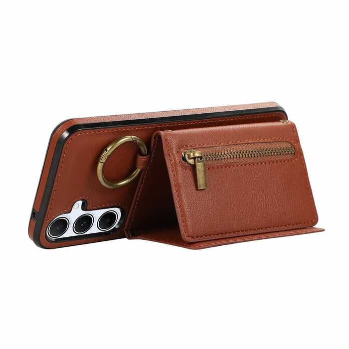 For Samsung Galaxy A16 4G Leather Back Cover Zipper Wallet Kickstand Phone Case with Shoulder Strap - Brown - 2