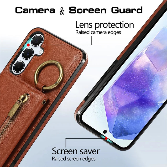 For Samsung Galaxy A16 4G Leather Back Cover Zipper Wallet Kickstand Phone Case with Shoulder Strap - Brown - 5