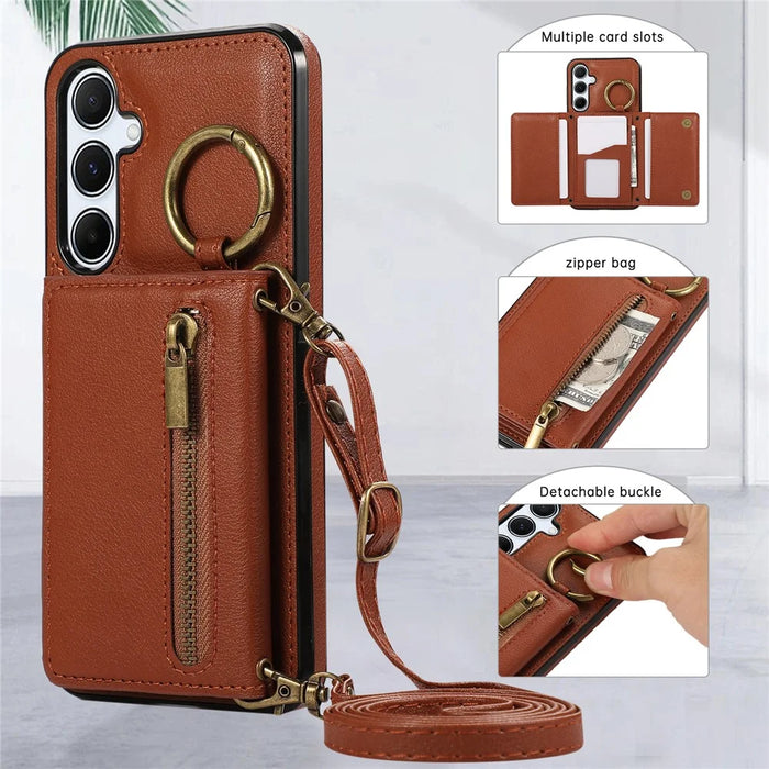 For Samsung Galaxy A16 4G Leather Back Cover Zipper Wallet Kickstand Phone Case with Shoulder Strap - Brown - 6