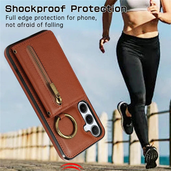 For Samsung Galaxy A16 4G Leather Back Cover Zipper Wallet Kickstand Phone Case with Shoulder Strap - Brown - 7